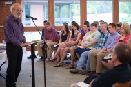 Paul Unruh Ac58, ’60 (Hesston, Kan.) presents the message “Fear and Anxiety—Friend or Foe” at a recognition ceremony for 10 students completing the Disaster Management Program.