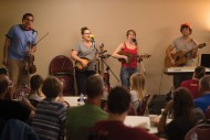 The Straight A’s, a folk/pop band from Goshen, Ind., perform at a coffeehouse in the Campus Worship Center.