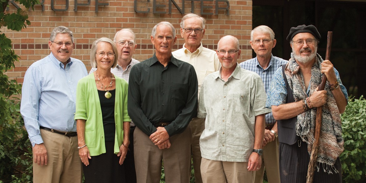 New Hesston College emeritus faculty members Heber Ramer, Maria Day, Nelson Kilmer, Art Mullet, Hugo Boschmann, John Blosser, Gerry Selzer and Dwight Roth.