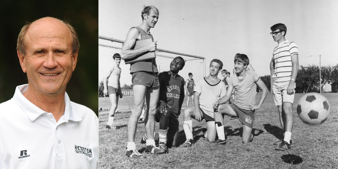 Coach Gerry Sieber (headshot) and archive photo of Sieber coaching soccer