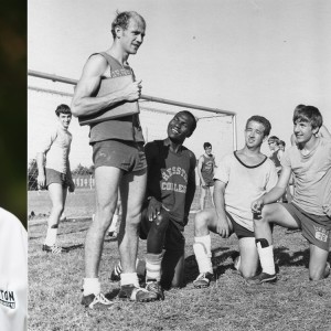 Coach Gerry Sieber (headshot) and archive photo of Sieber coaching soccer