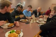 President Keim eating lunch with students