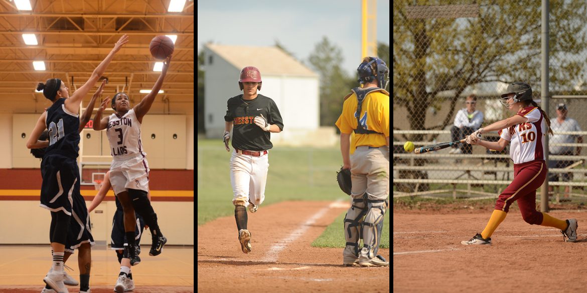 action photos of women's basketball, baseball and softball