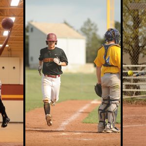 action photos of women's basketball, baseball and softball