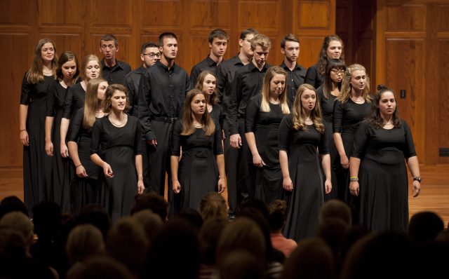 Bel Canto Singers perform at Friday evening Opening Celebration Aug. 19 as the first campus-wide event for the year. The evening’s speakers, women’s basketball coach Jeff Jacobs and Director of International Admissions Dave Osborne spoke on elements of Hesston College’s Philosophy of Faith Formation.