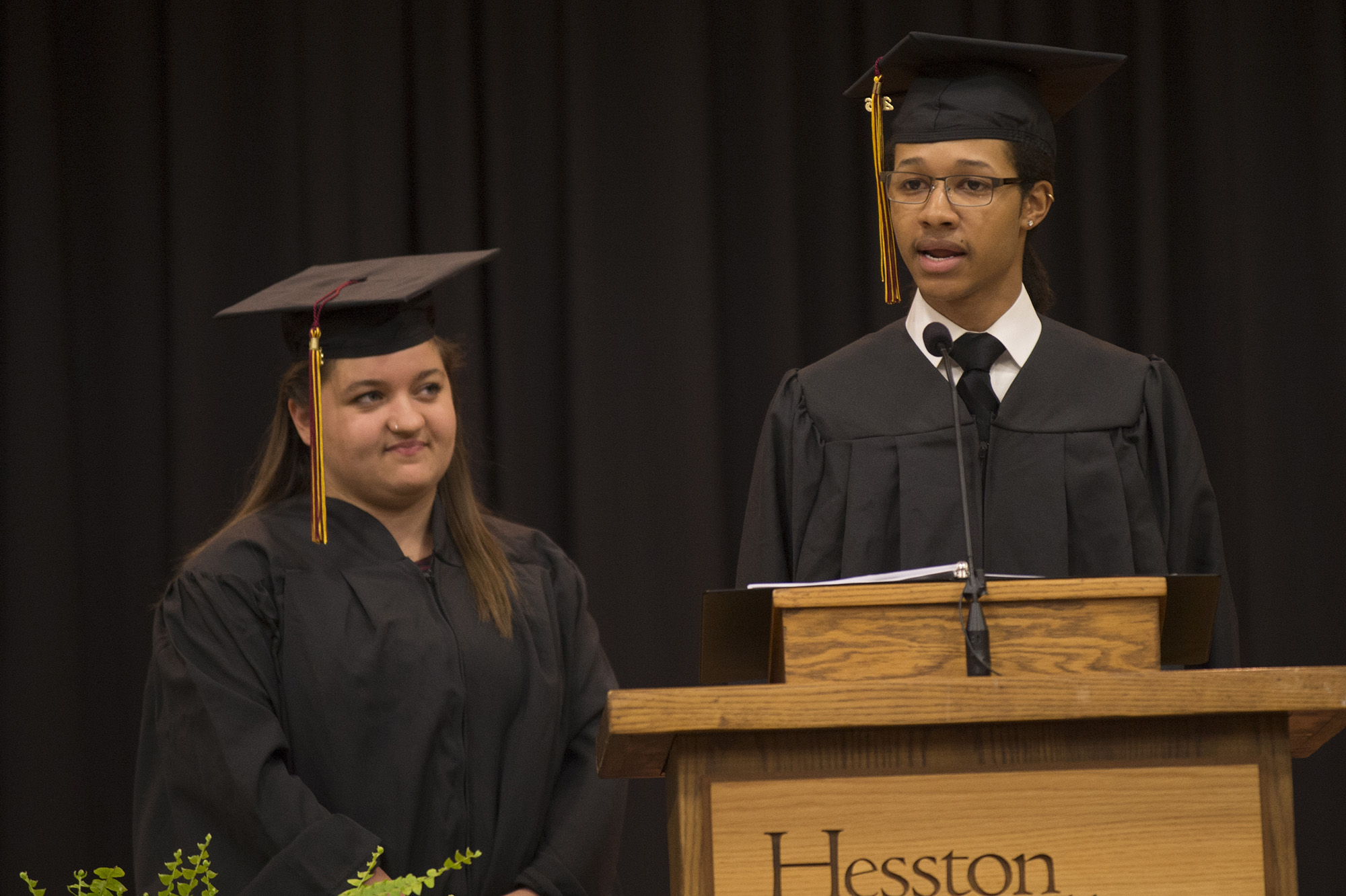 Student speakers Isaiah Crosby ’16 (Ponca City, Okla.) and Emily Kauffman ’16 (Pettisville, Ohio)