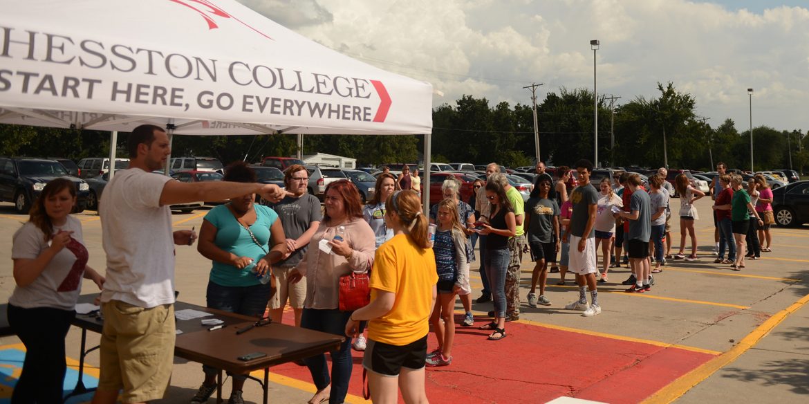 Students and families line up to check in to their residence hall at Hesston College's Opening Weekend 2016.