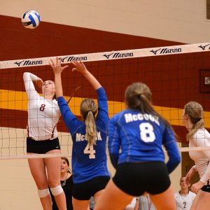 Hesston Larks volleyball player Sierrah Long goes for a kill