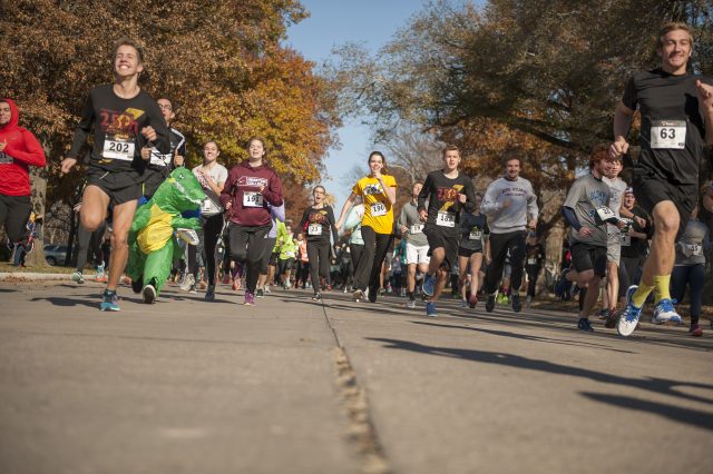 A group of 217 runners, walkers and joggers ranging in age from 3 to 91 begin the 25th two-mile run/walk on the day after Thanksgiving, named the Benjamin Bolt for 2016 in honor of interim president Ben Sprunger. Richmond Stoltzfus, a prospective student from Shipshewana, Ind., won the race with a time of 10:30.