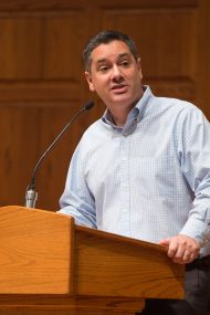 Marty Troyer '96 preaches during Homecoming Weekend worship