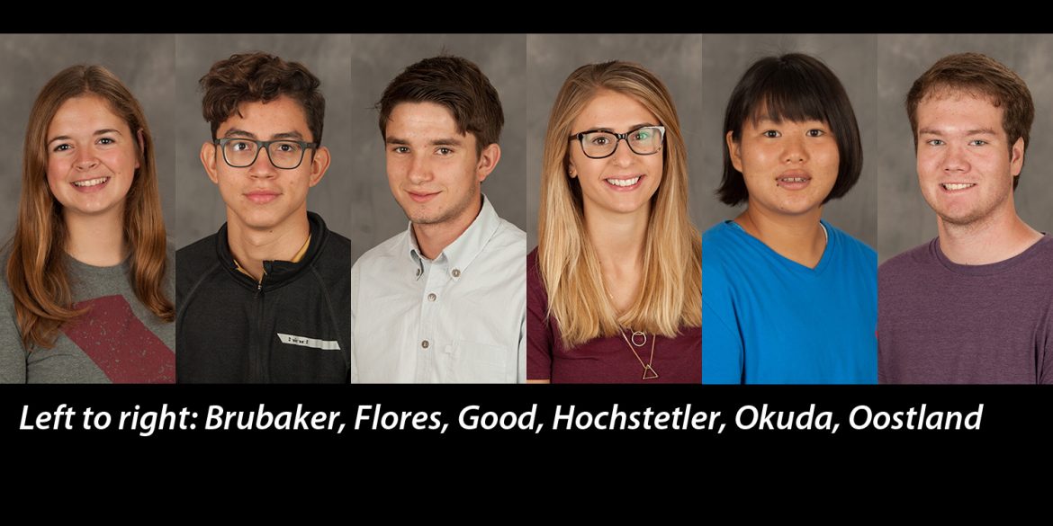 Mug shots of Erin Brubaker, Fred Flores, Kyle Good, Jonae Hochstetler, Miho Okuda and Ryan Oostland