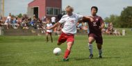 Dawson McCawley scores for Larks men's soccer.