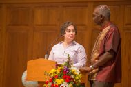 Hesston Mennonite Church Pastor Amy Nissley Stauffer and Hesston College President Joseph Manickam mark the 10th anniversary of HMC's buiding, a joint effort of the college and congregation.