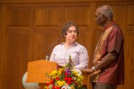 Hesston Mennonite Church Pastor Amy Nissley Stauffer and Hesston College President Joseph Manickam mark the 10th anniversary of HMC's buiding, a joint effort of the college and congregation.