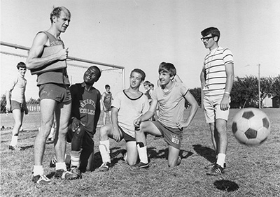 A Hesston College archive photo of Gerry Sieber coaching soccer