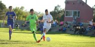Larks men's soccer player Nadeem Jaber scores against Dodge City CC, Oct. 7, 2017