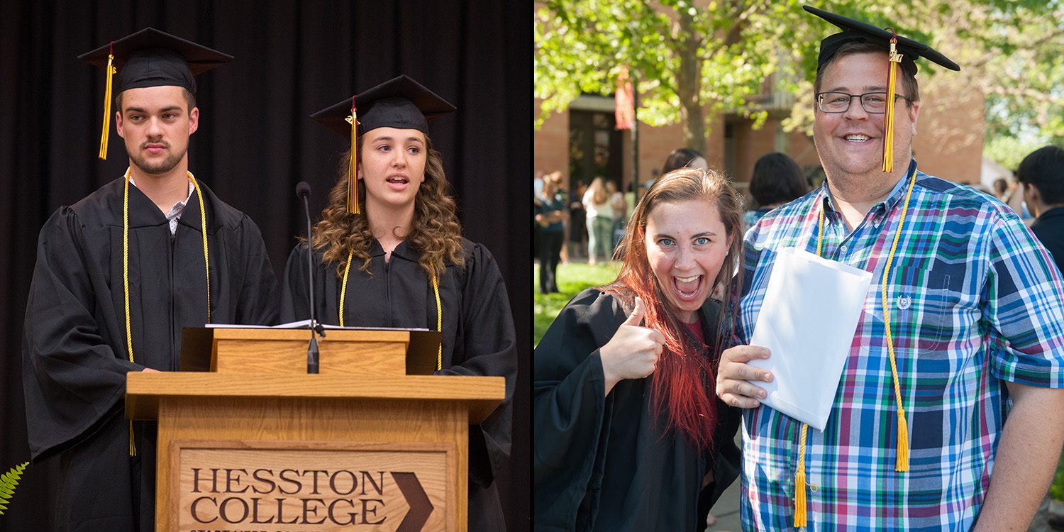 Student speakers Jonah Short-Miller and Cassidy Bontrager; Kristin Troyer celebrates graduation with her brother, Brett, class of 2006