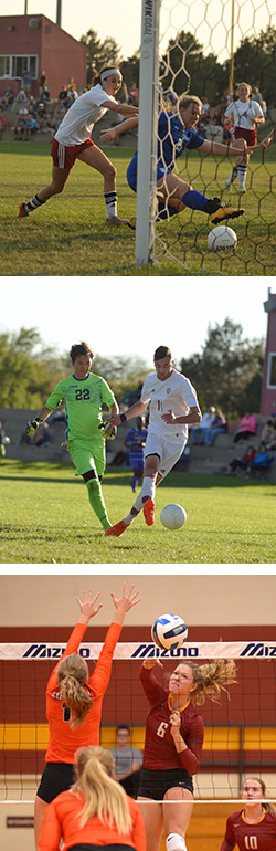 action photos from volleyball and men's and women's soccer