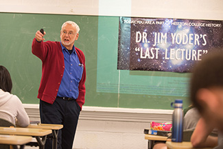 Jim Yoder delivers his final classroom lecture on April 30, 2018.