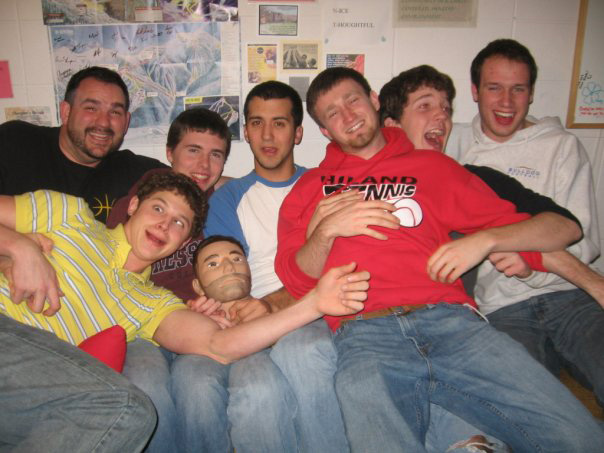 Brockmueller with a group of RAs from the 2009-10 year: BJ Cobelntz, Levent Miller, RA mascot Samuel Bearded, Chad Newcomer, Ethan Mast, Matt Lehman Wiens and Donovan Krehbiel. Courtesy photo