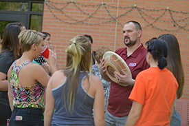 Brockmueller talks with a group of nursing students during his going-away celebration in May. Even though they too lived on campus, the Brockmuellers often served as mod parents – in 2017-18 to the nursing mod, comprised completely of students enrolled in the nursing program.