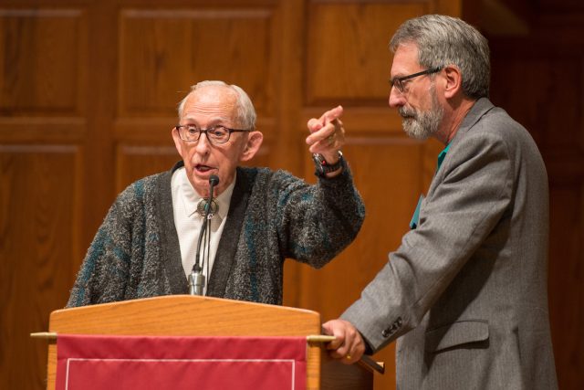 Oswald and John Sharp presenting at the Homecoming 2018 celebration of 60 years of Lark athletics