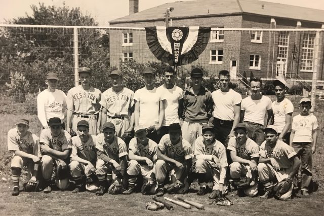 Intramural baseball team from the 1950s with Oswald (back row, far left) as coach