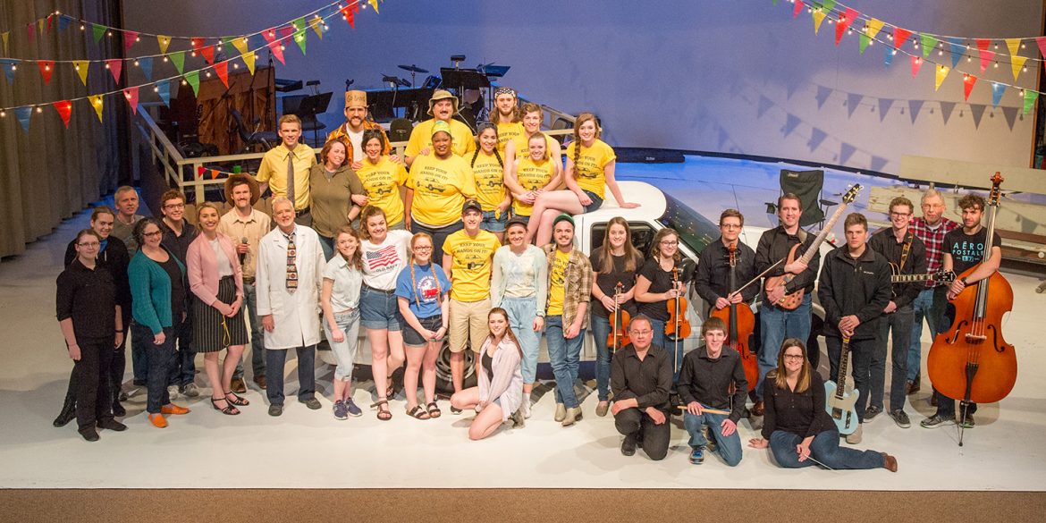 cast, crew and orchestra of Hesston College production of Hands on a Hardbody