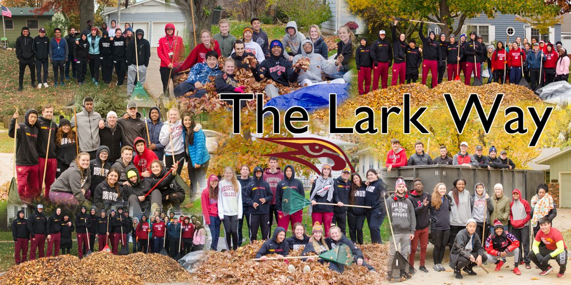 Student athletes and coaches rake leaves as a service project - The Lark Way