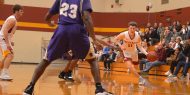 Hesston College men's basketball action photo - Cal Hartley