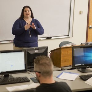 Aviation professor Amy Birdsell leads Aviation Safety class. The aviation program received approval to offer a four-year bachelor’s degree program, which will begin in August 2019.
