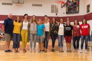 The 1996-97 Lark women’s basketball team was honored for its trip to nationals during the Yost Center renovation dedication. Pictured from left are Joel Kauffman ’80, head coach, Janel (Jantz) ’97 Stucky, Lisa (Schmidt) ’97 Graber, Janelle Yutzie ’97 -Blubaugh, Becky Nitzsche ’98, former staff, Green, Shanna (Roth) ’97, former staff, Heinz, Carla (Hathaway) ’97 Hochstetler, Tasha (Propps) ’97 Warner, Joy (Smith) ’96 Yoder, faculty, assistant coach, Sarah (Nitzsche) ’96 Simms (played on 1995-96 team), and Sarah (Tabor) ’97 Kirk.