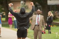 President Manickam congratulates a finisher at the annual two-mile run/walk, The Manickam Mosey. Sophomore Jaden Lais (Grantsville, Md.), won the race with a time of 11:08.