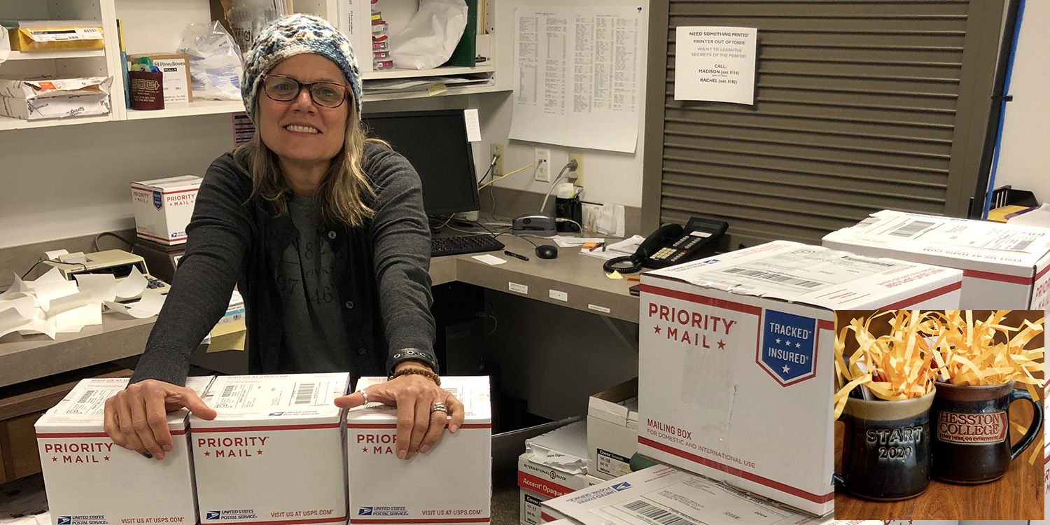 Dining Services Office Manager Lori Dreier assists the alumni office to pack and mail Class of 2020 mugs (inset) to graduates.