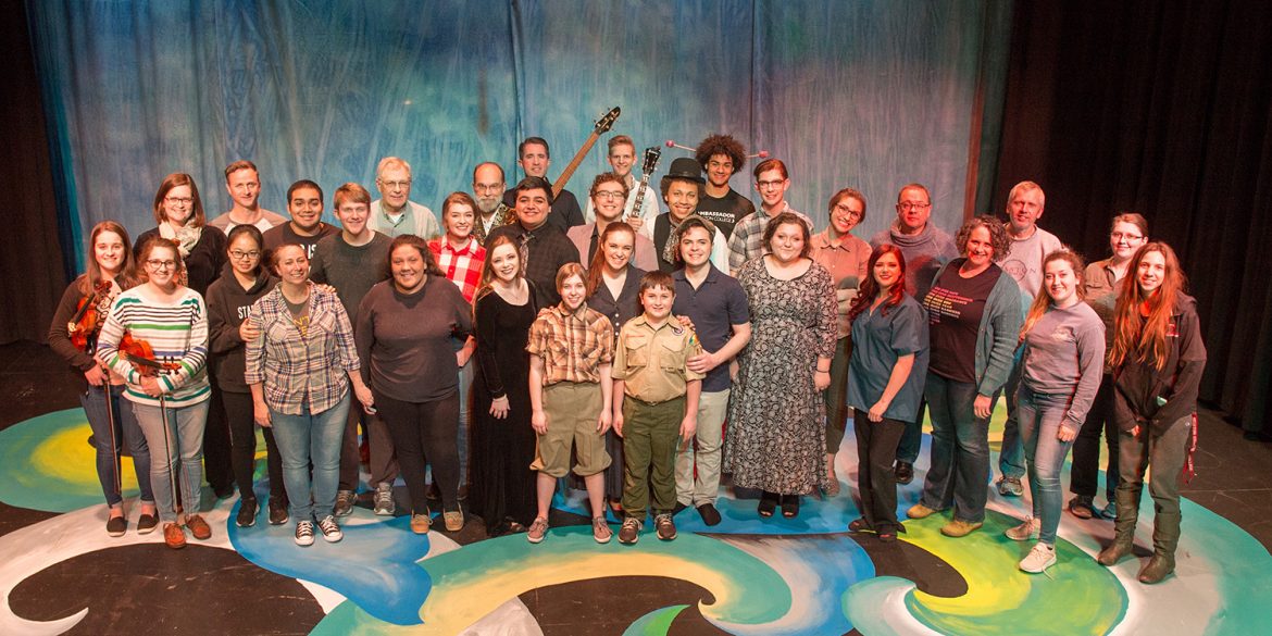 Cast and crew photo from the spring 2019 Hesston College Theatre production of Big Fish