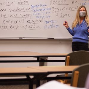 Business prof Debbie McAlister leads a discussion in Entrepreneurship class.