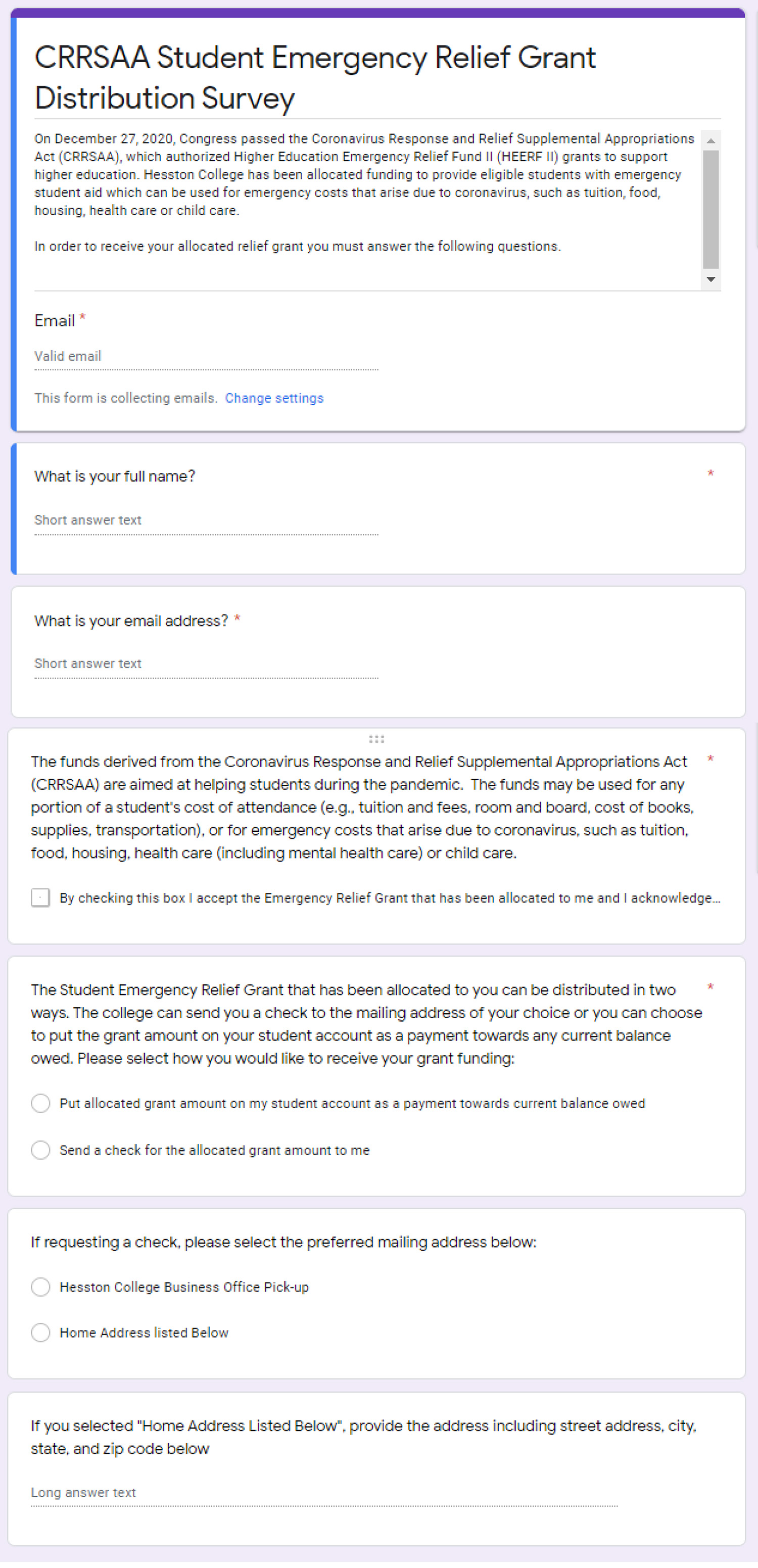 CRRSAA Student Emergency Relief Grant Distribution Survey