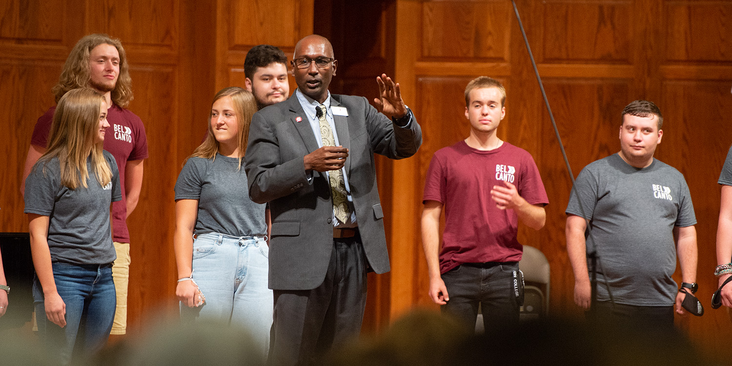 President Joe Manickam speaks at Hesston College’s Opening Celebration, Hesston Mennonite Church, August 13.