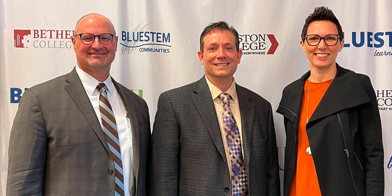 Bethel College President Jon Gering, Bluestem Communities CEO James Krabill and Hesston College Vice President of Advancement Rachel Swartzedruber Miller at the BluestemU announcement