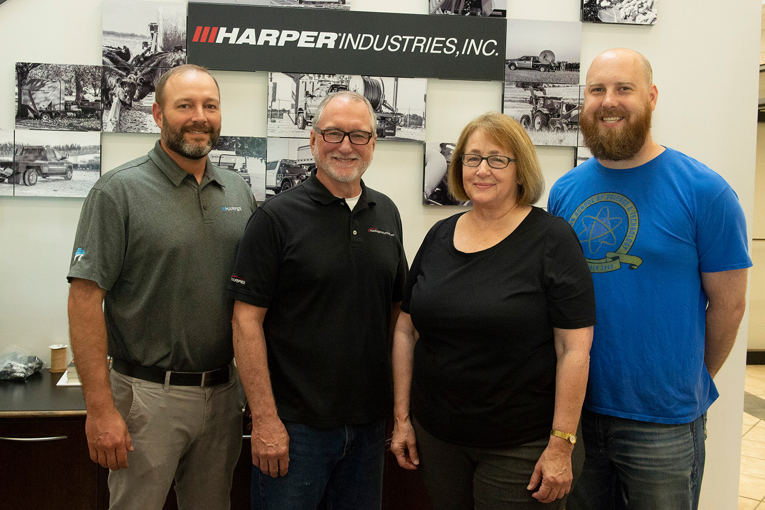 Hesston alumni continue to make history at Harper Industries (L-R) Drew Gerber ’04, Mike Reber ’76, Faith (Hershberger) ’74 Penner and Zach Bauer ’04 