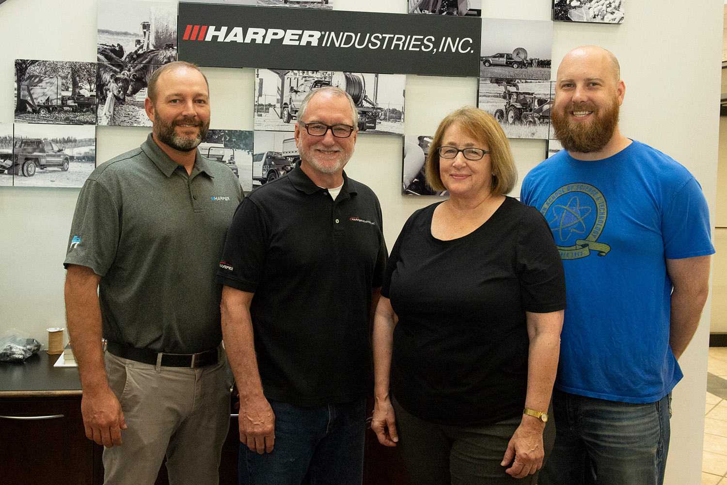 Hesston alumni continue to make history at Harper Industries (L-R) Drew Gerber ’04, Mike Reber ’76, Faith (Hershberger) ’74 Penner and Zach Bauer ’04