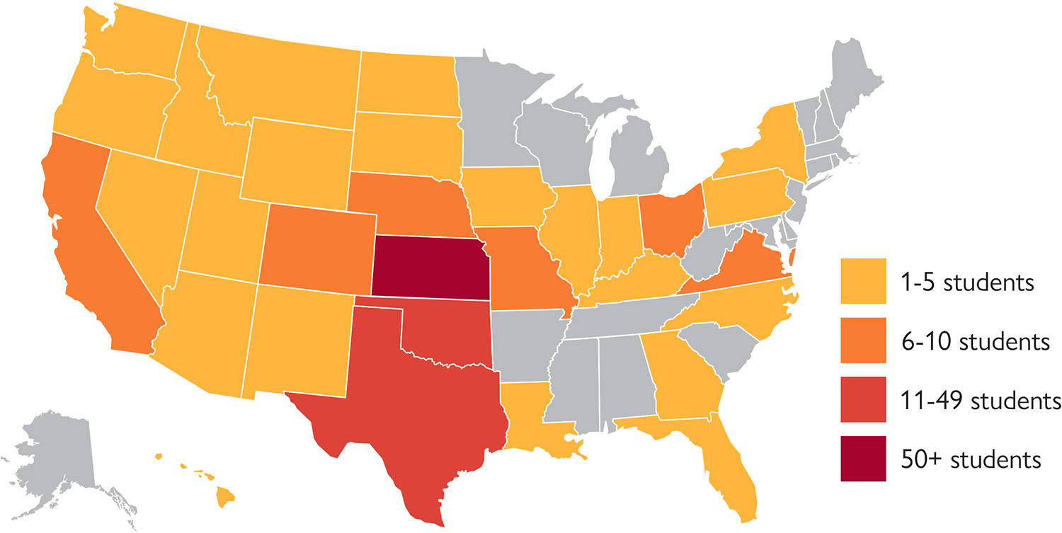 map - fall 2022 Hesston College enrollment by state