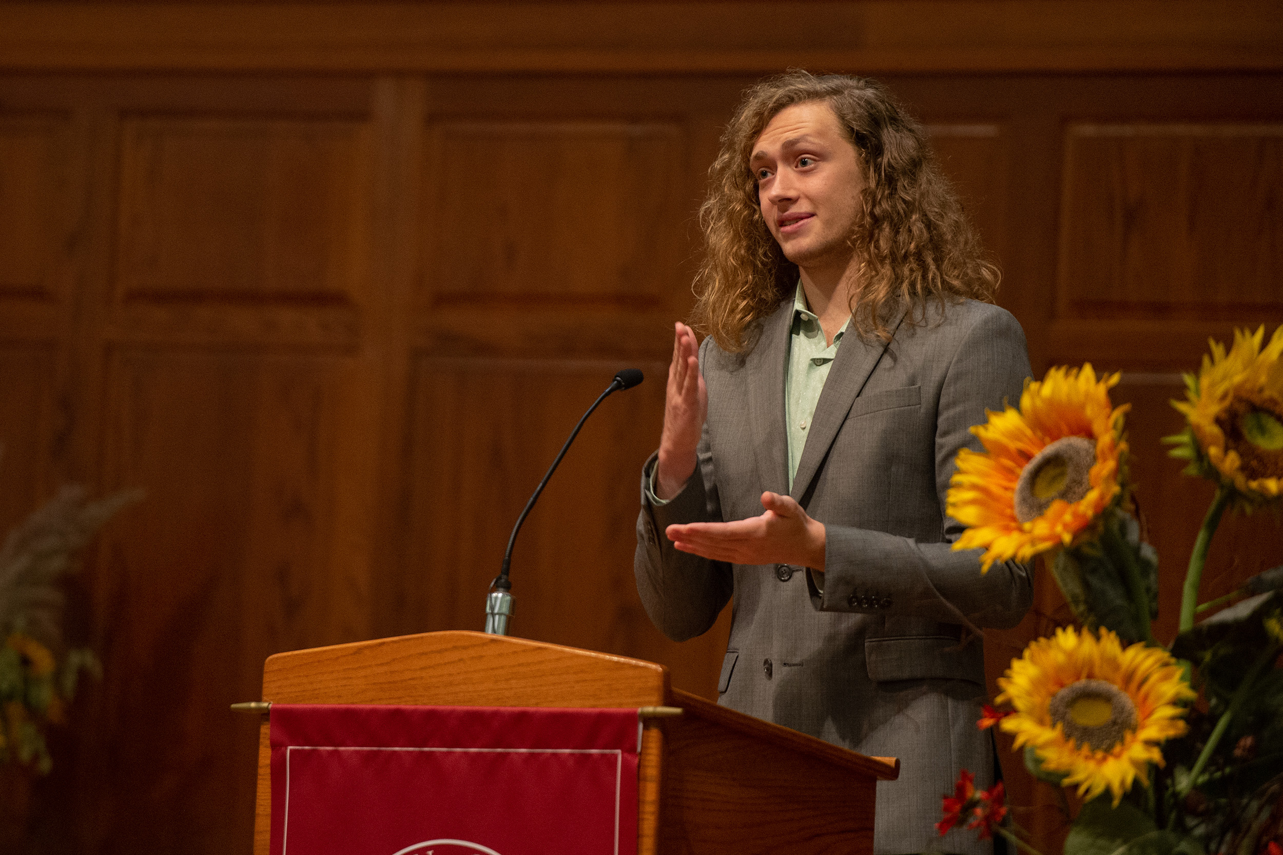 Senior business major Luke Allison speaks at Vision 2025 update at Hesston College Homecoming 2022