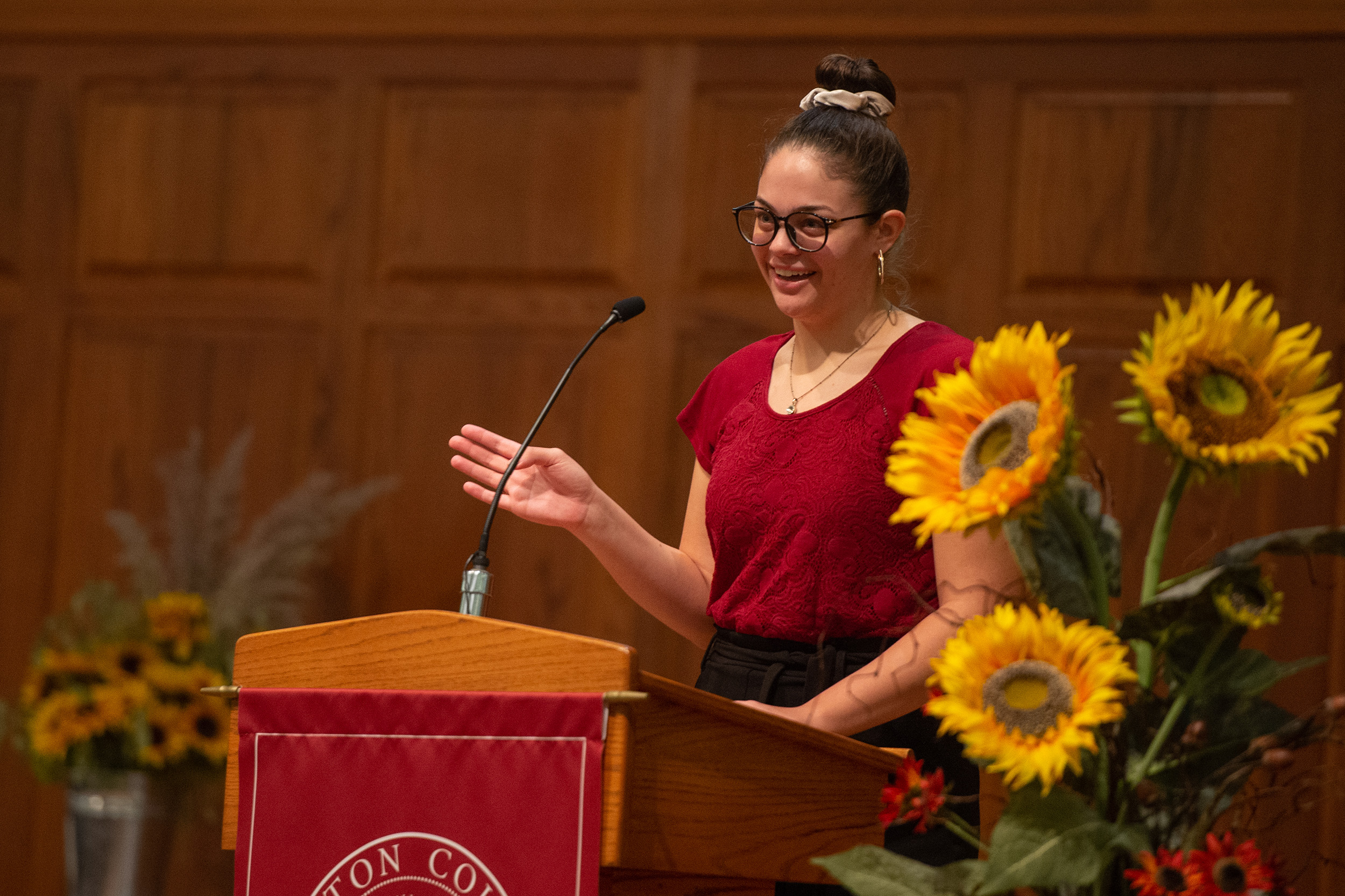 Engineering major Tana Hayworth speaks at Vision 2025 update at Hesston College Homecoming 2022