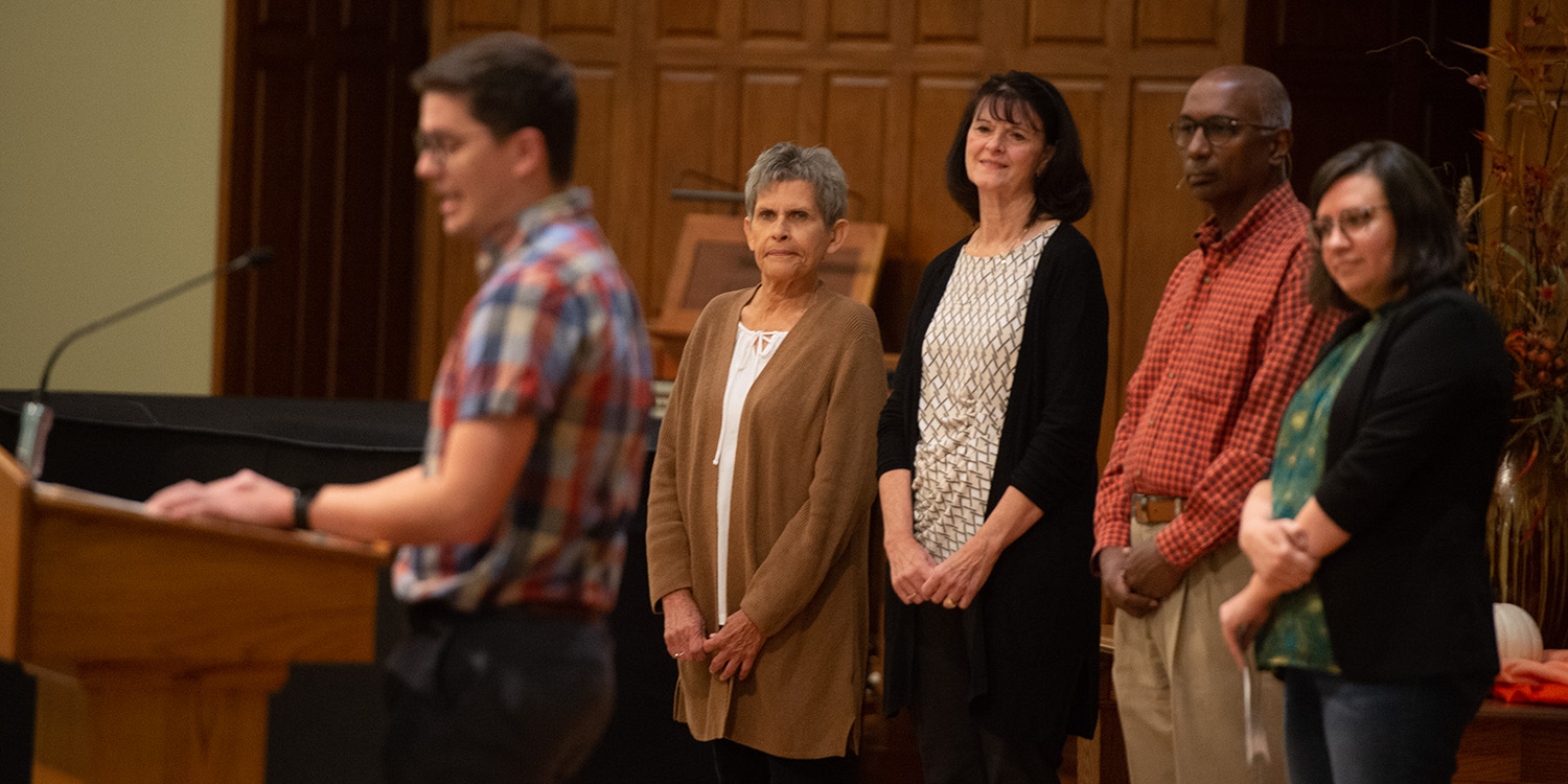 Emeritus faculty members Margaret Wiebe and Vickie Andres are honored at Formation, Oct. 24, 2022
