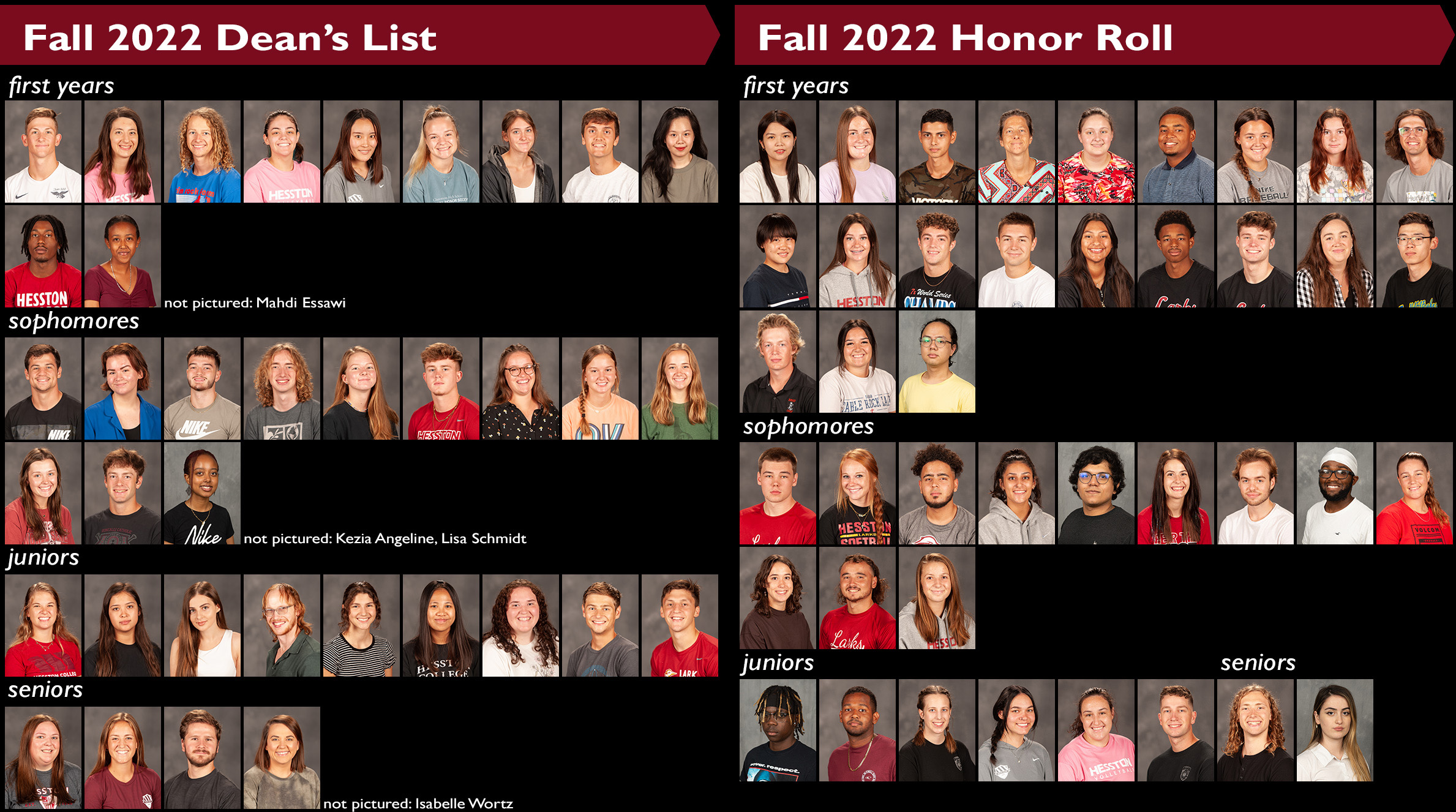 Composite photo of students listed on the fall 2022 Hesston College dean's list and honor roll