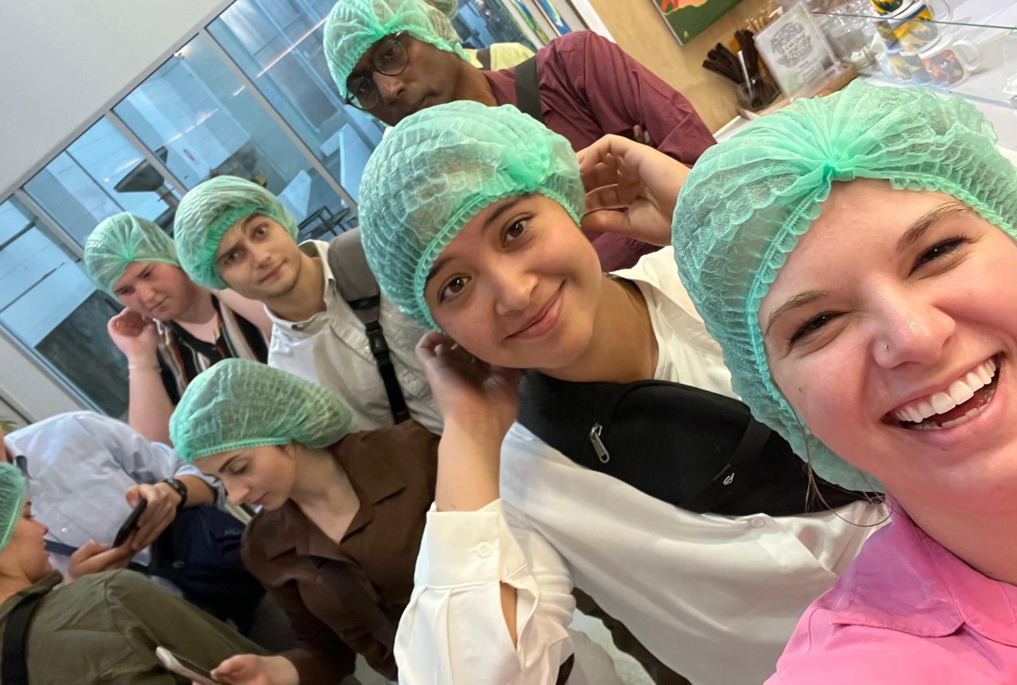 We had to get our hair all covered at the chocolate factory so customers wouldn’t get a little surprise in their candy bars. We toured their new factory where they shell and grind the cacao beans, melt, ferment, mix, pour, chill, and package the chocolate.