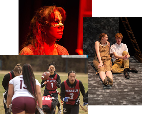 Two photos from the theatre production of The Apple Tree and an action photo from Hesston College's first women's flag football game