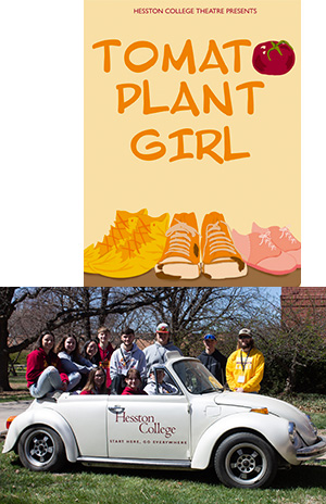 composite image - Tomato Plant Girl promo poster and group photo of incoming students from Larks Landing Day