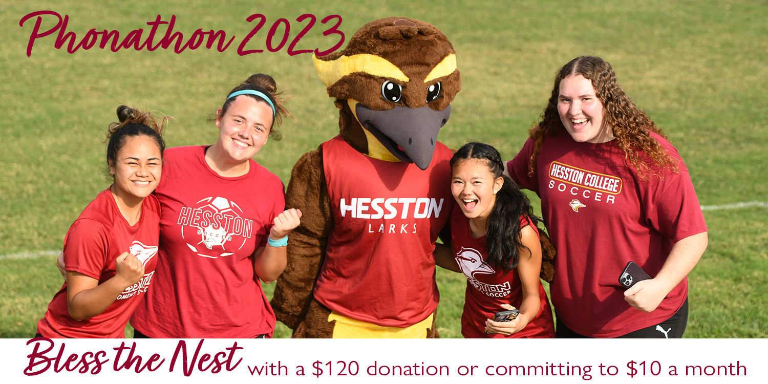 photo - HC students with Lark mascot; text - Bless the Nest with a $120 donation or committing to $10 a month